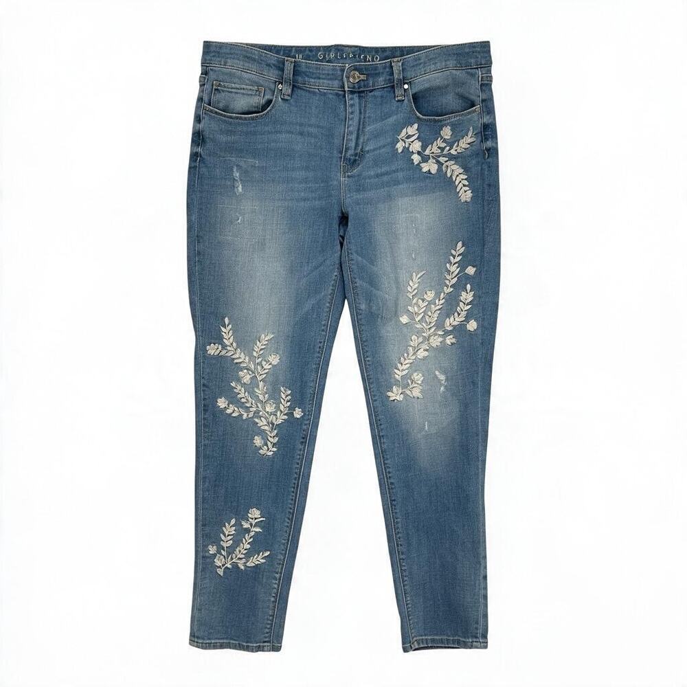 WHBM Women's DISTRESSED GIRLFRIEND JEANS Light Wash FLORAL EMBROIDERED Size 10
